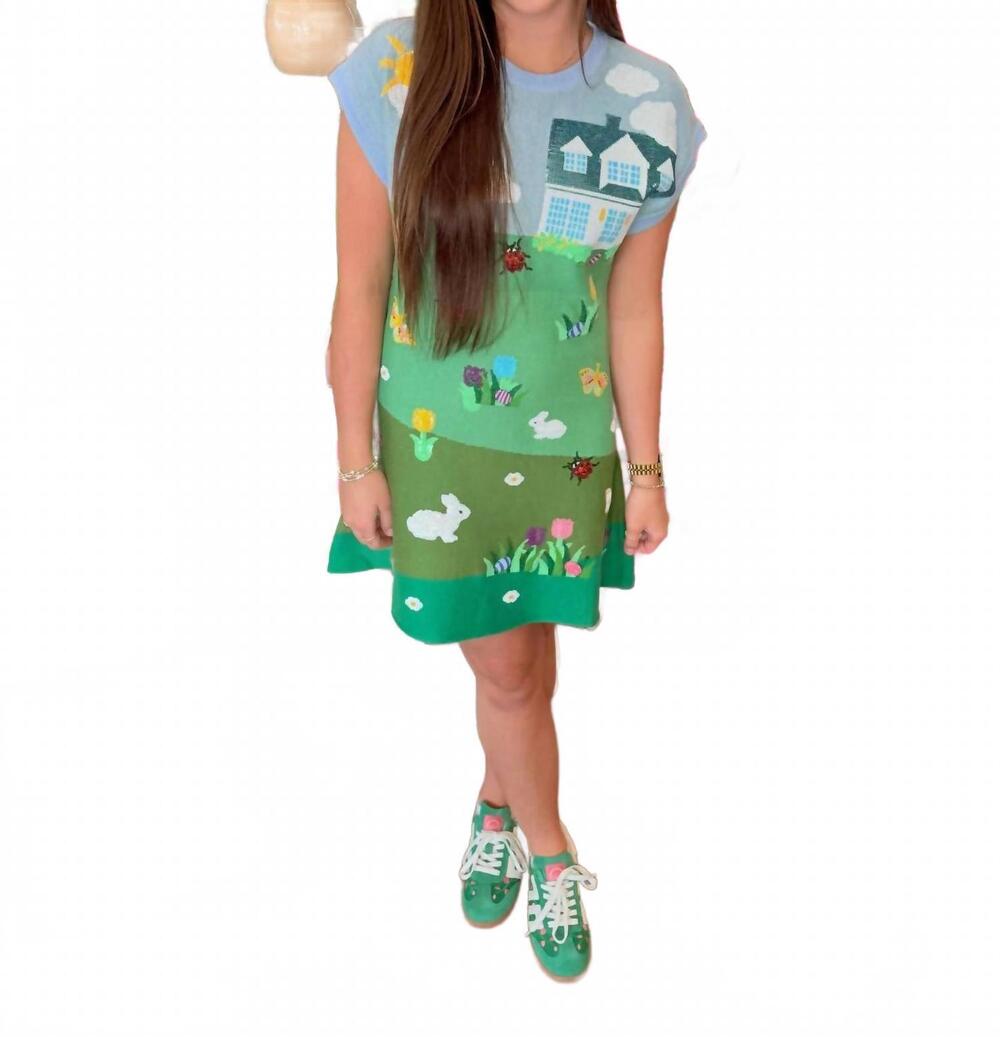 NEW QUEEN OF SPARKLES easter bunnies & eggs in yard scene knit short sleeve dres